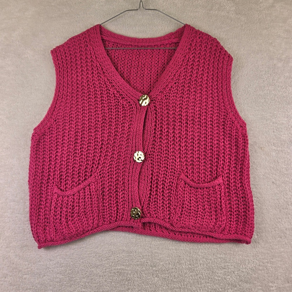 Handmade Magenta Pink Chunky Knit V-Neck Vest Gold Hammered Buttons Pockets